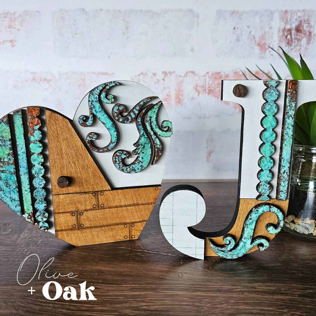 DIY Patina Letters Shelf Sitter