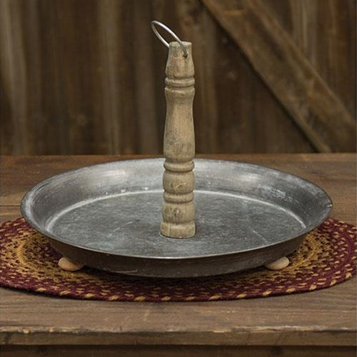 Tin Platter with Wood Handle and Wood Feet