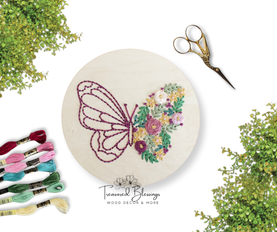 Wood Embroidery Kit - Floral Butterfly Round