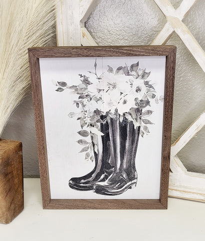 Boots with Flowers Sign White 8x10